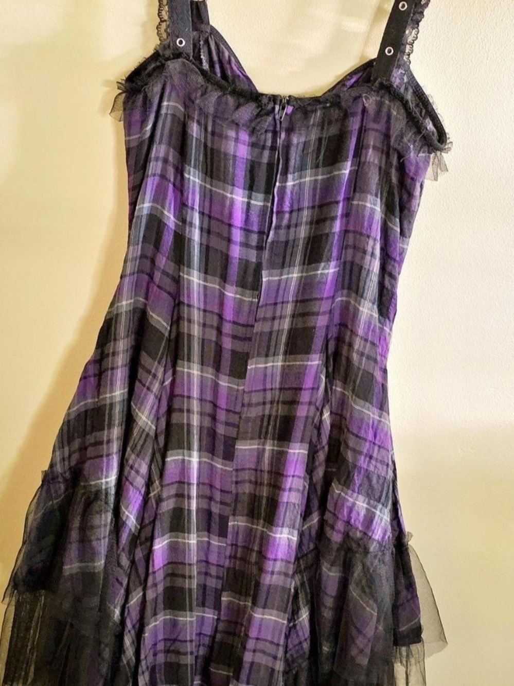 RARE Vintage Lip Service Purple Plaid Ruffle Dress w/Lace Trim & Tuelle, Pockets - Picture 9 of 14